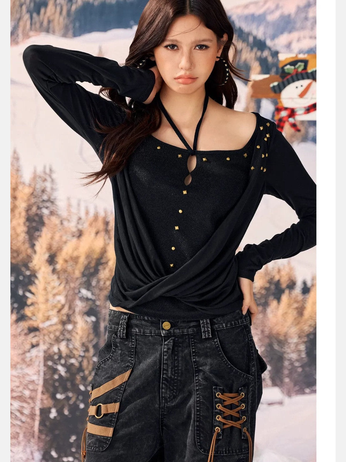 BeerBro Lyocell Crossover Cowl Neck Top in Black - On Model