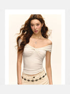 Ariseism Twisted Off Shoulder Top in White - On Model