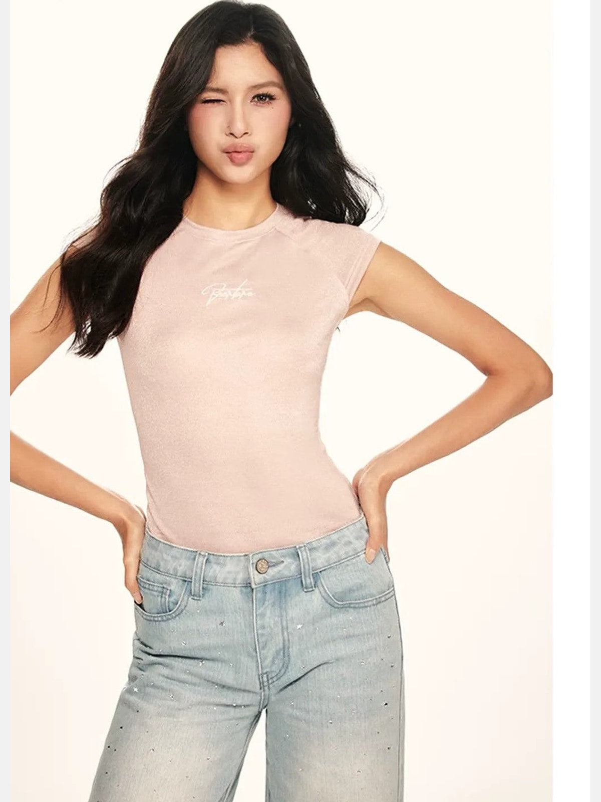 BeerBro Silver Thread Raglan Baby Tee in Pink - On Model