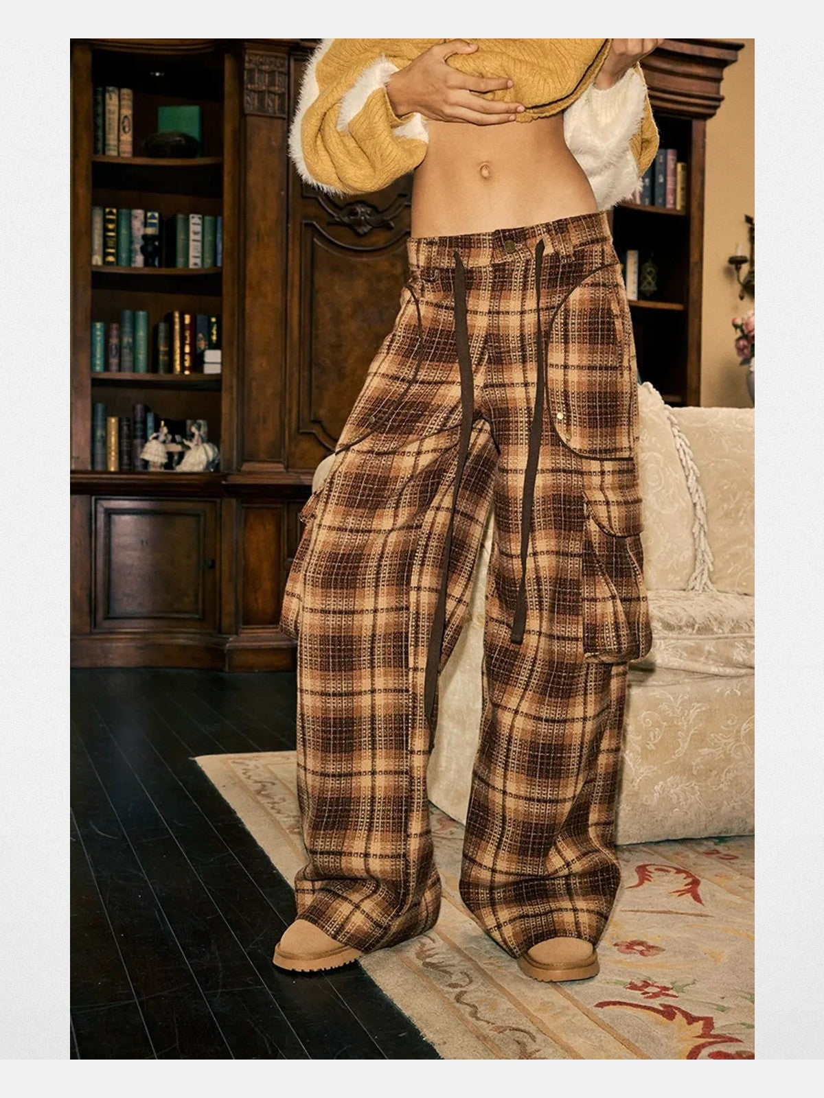 BeerBro Plaid Tweed Wide Leg Cargo Pants in Brown - On Model