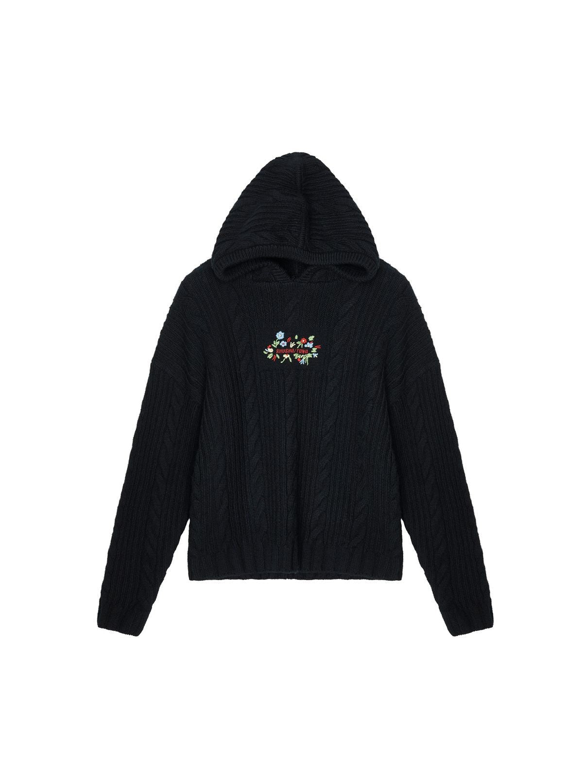SHUSHU/TONG Floral Embroidered Cable Knit Hoodie in Black