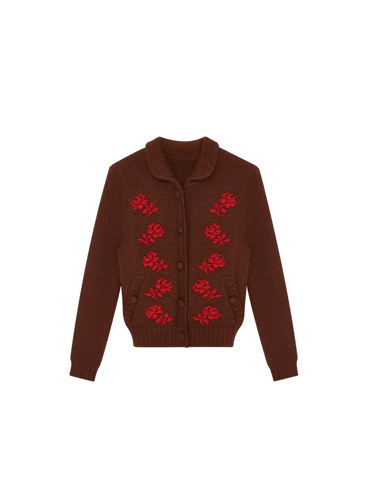 SHUSHUTONG Beaded Floral Merino Cardigan in Brown