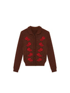 SHUSHUTONG Beaded Floral Merino Cardigan in Brown