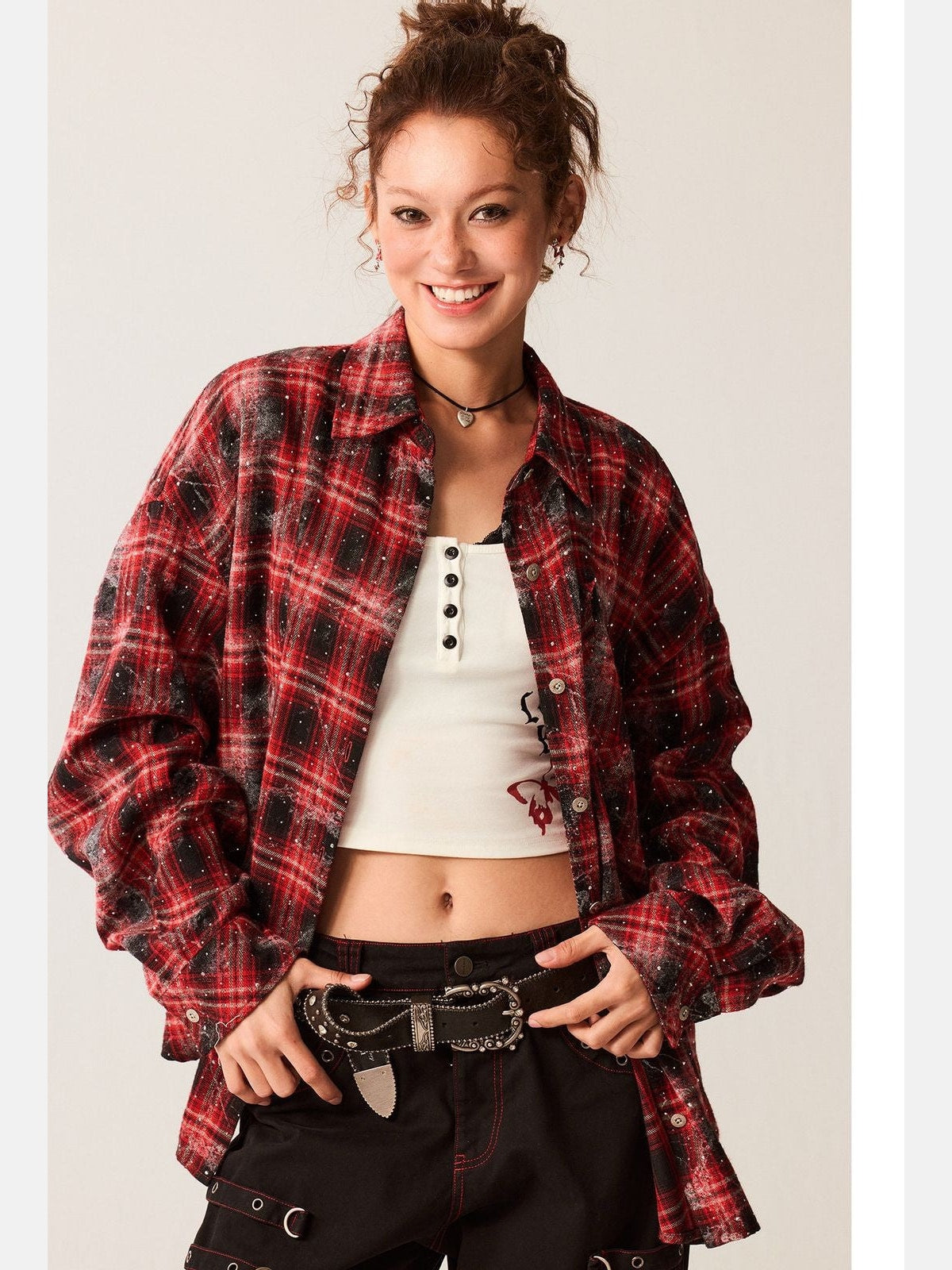 Beer Bro Rhinestone Plaid Shirt Jacket in Black - On Model