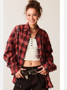 Beer Bro Rhinestone Plaid Shirt Jacket in Black - On Model