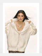 Ariseism Fur Collar Zip Up Knit Hoodie in White - On Model