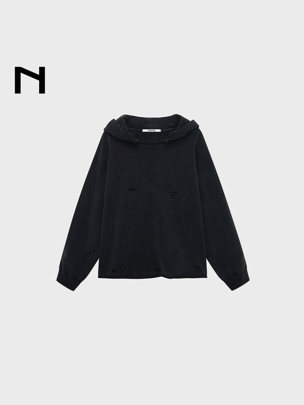 NANS Distressed Heavyweight Cotton Hoodie in Black