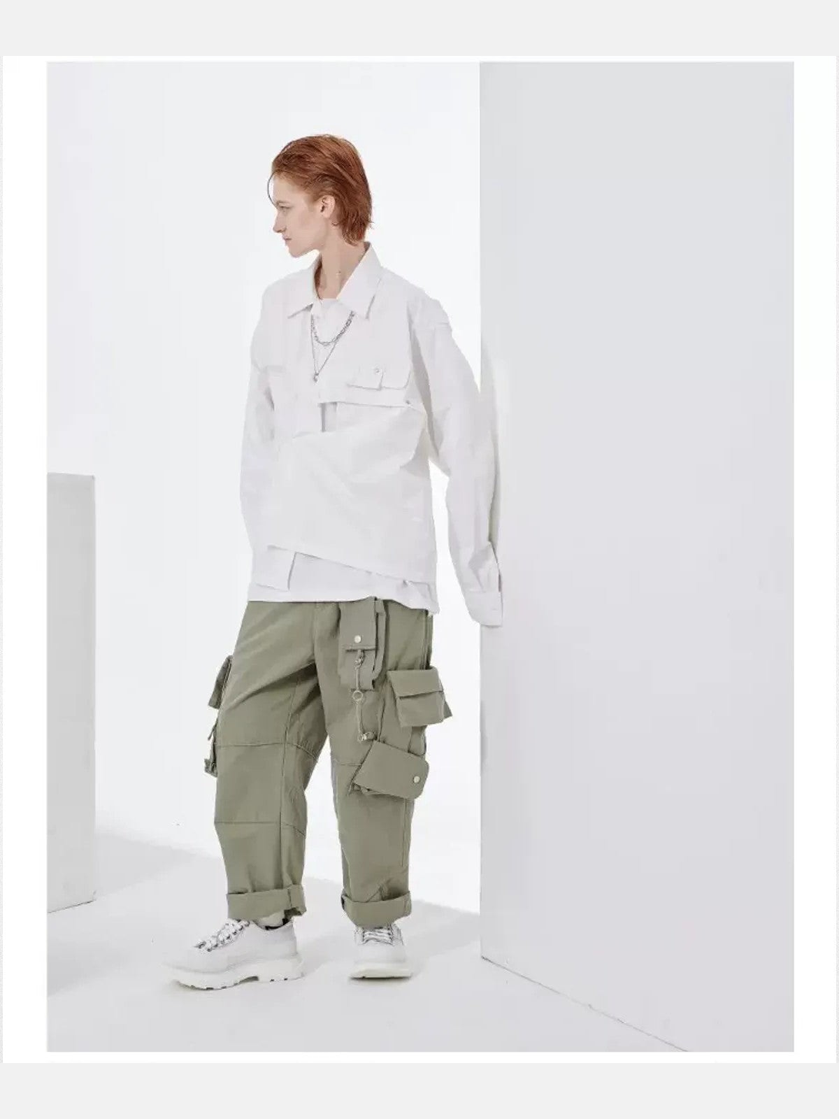 LOSTCTRL Distressed Raw Edge Cargo Pants in Olive