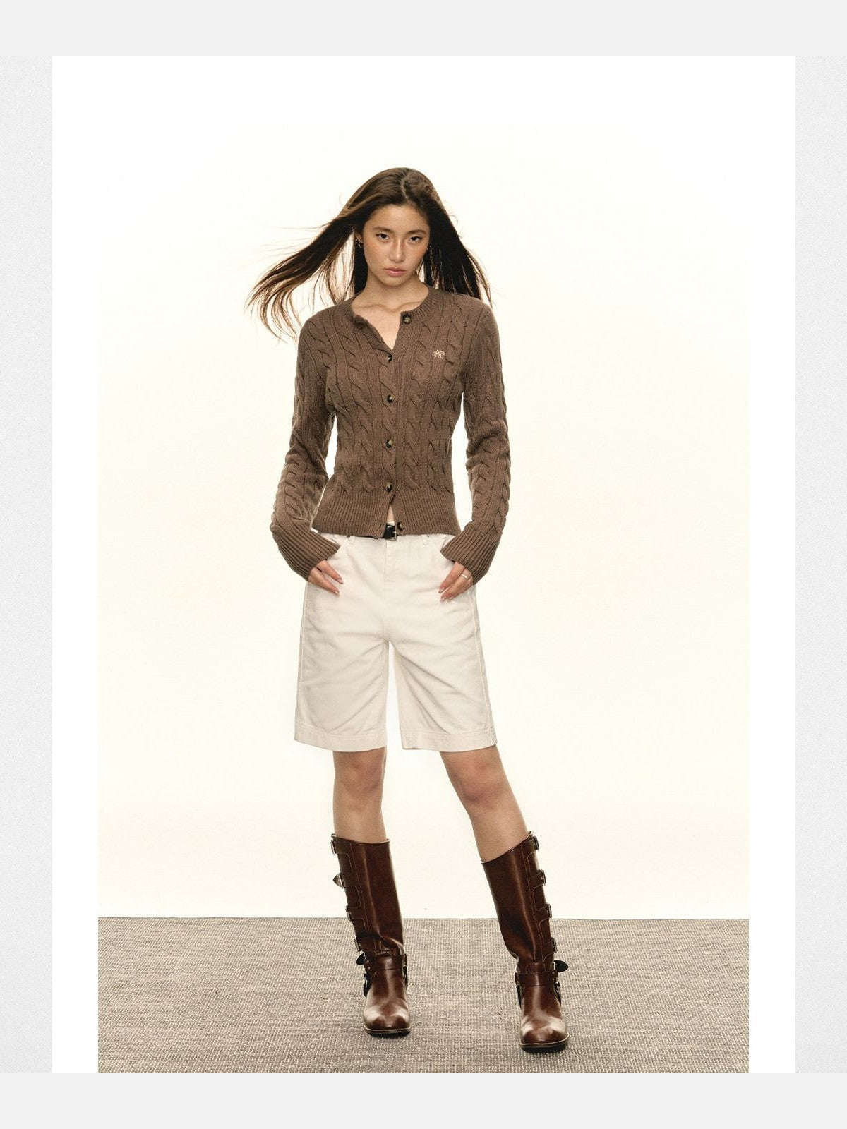 Ariseism Cotton Blend Cable Knit Cardigan in Brown - On Model