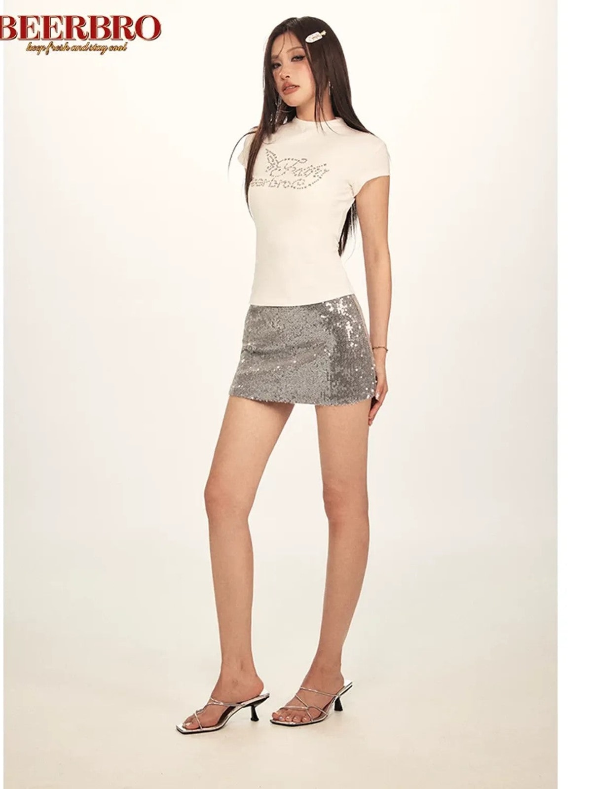 BeerBro Studded Graphic Mock Neck Tee in White - On Model