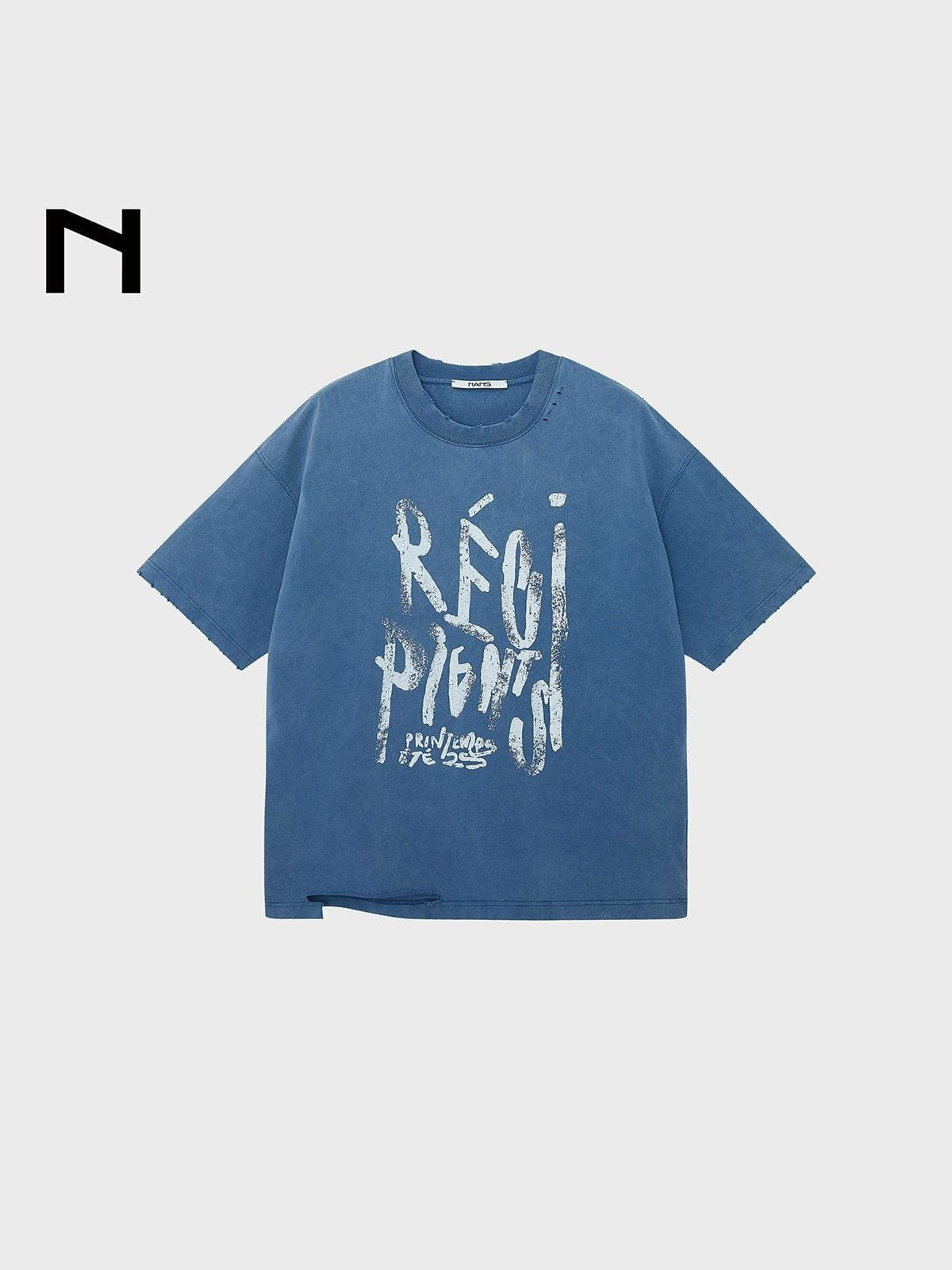 Nans Hand Distressed Graphic Cotton Tee in Denim