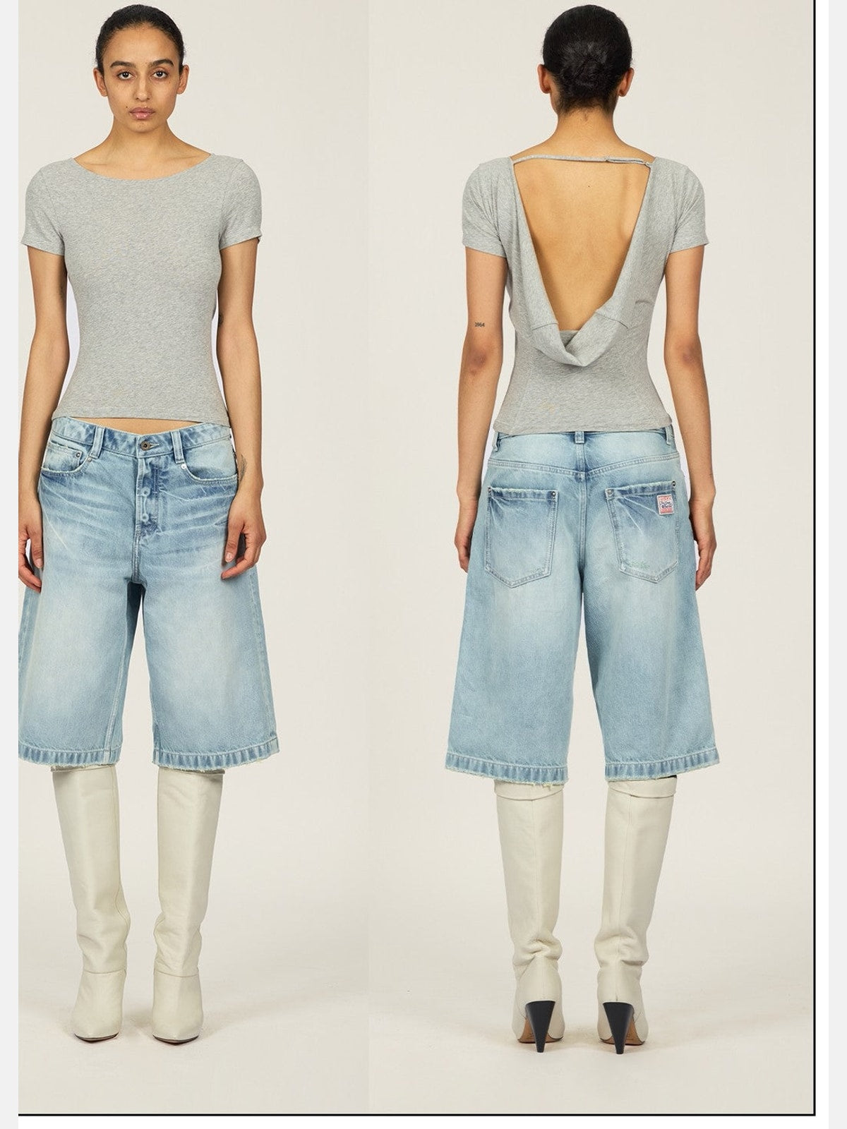 FaxCopyExpress Sunlit Beam Backless Top in Gray - On Model