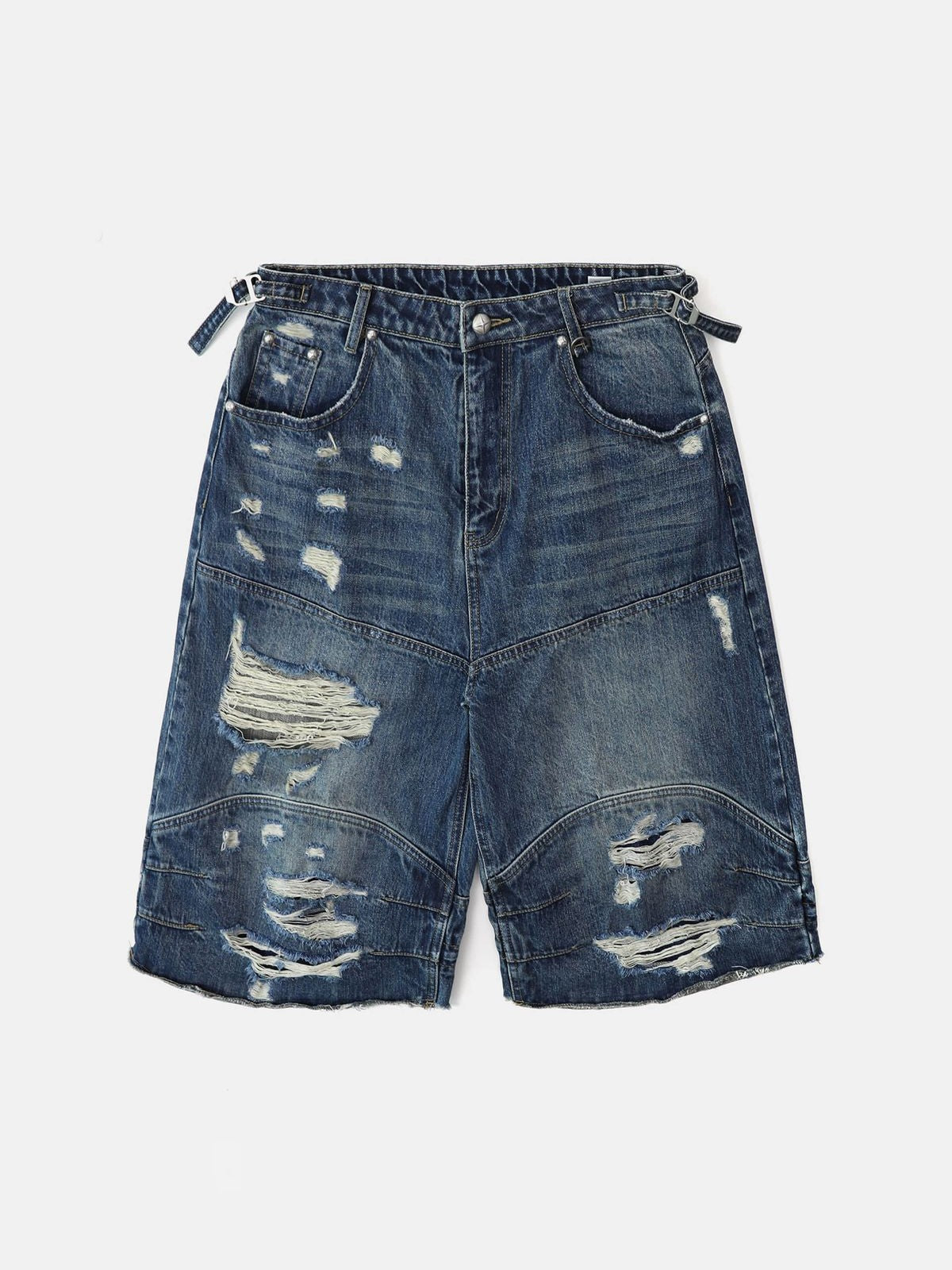 BADSEED Distressed Denim Bermuda Shorts in Medium Blue