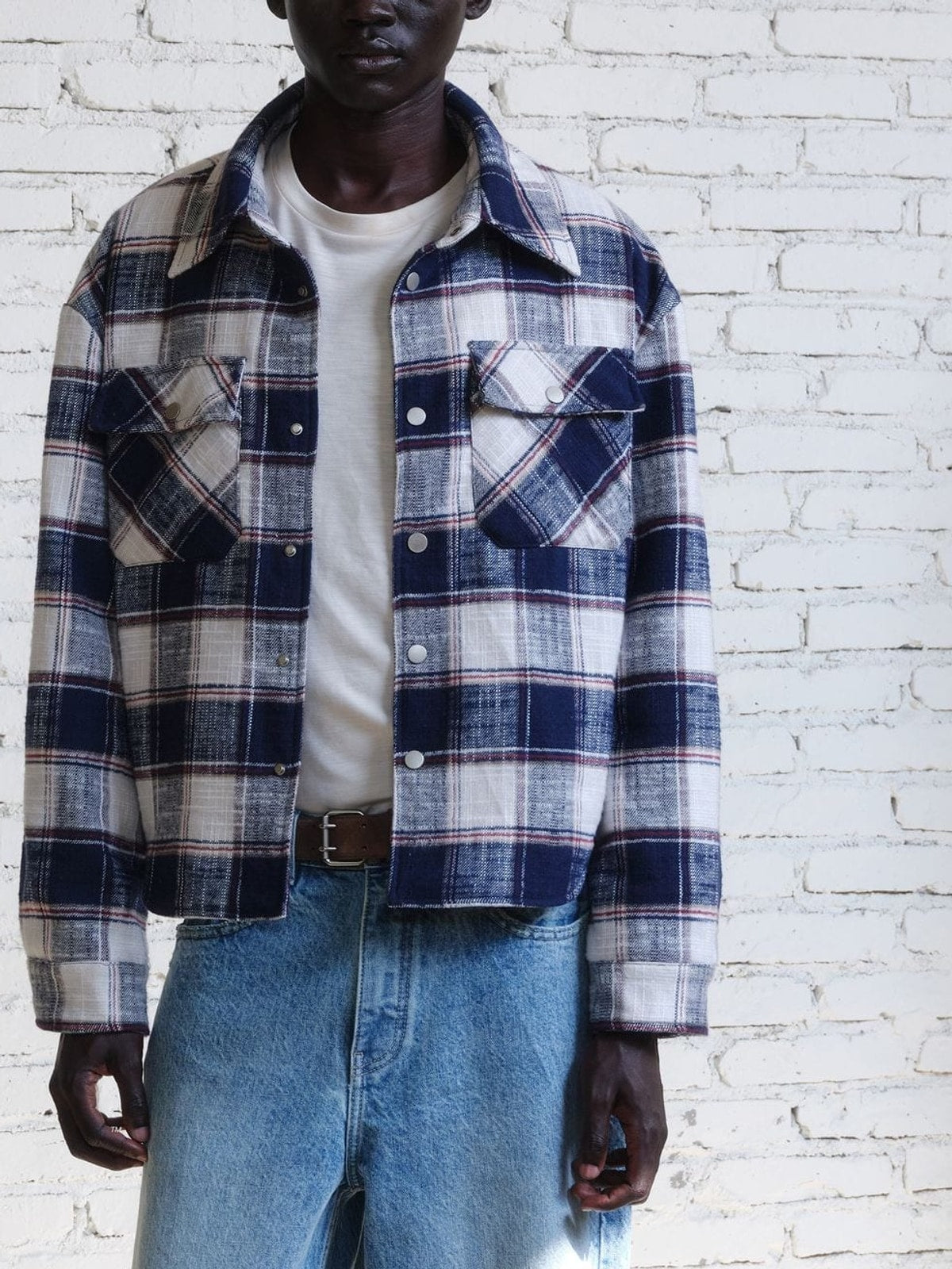 Vlabmade Brushed Plaid Thinsulate Shirt Jacket in White - On Male Model