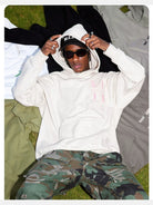 MEDM Embroidered Logo Hoodie in Oatmeal - On Male Model