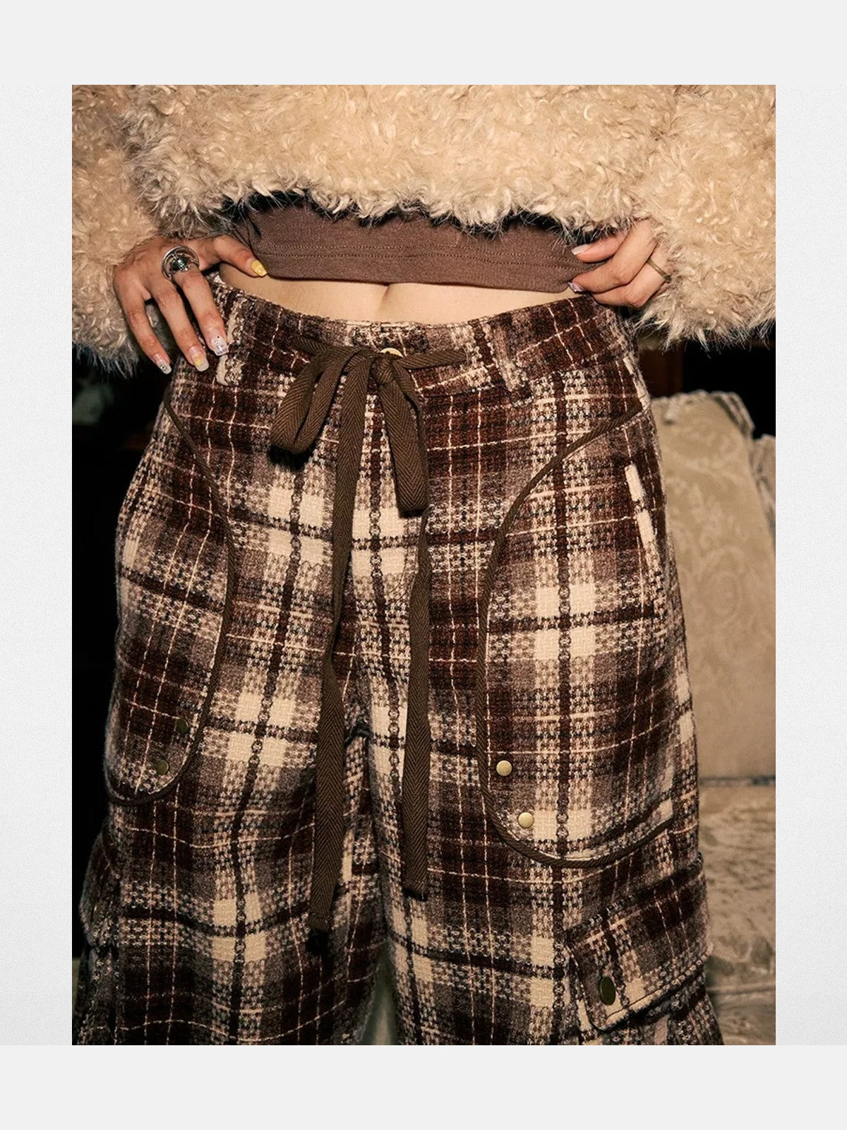 BeerBro Plaid Tweed Wide Leg Cargo Pants in Brown - Detail
