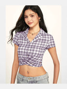 BeerBro Plaid Cross Front Crop Shirt in Lavender - On Model