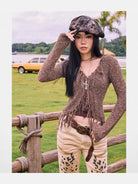 BeerBro Western Fringe Wool Cardigan in Beige