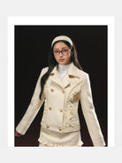 ARISEISM Lace Trim Double Breasted Jacket in Off-White - On Model