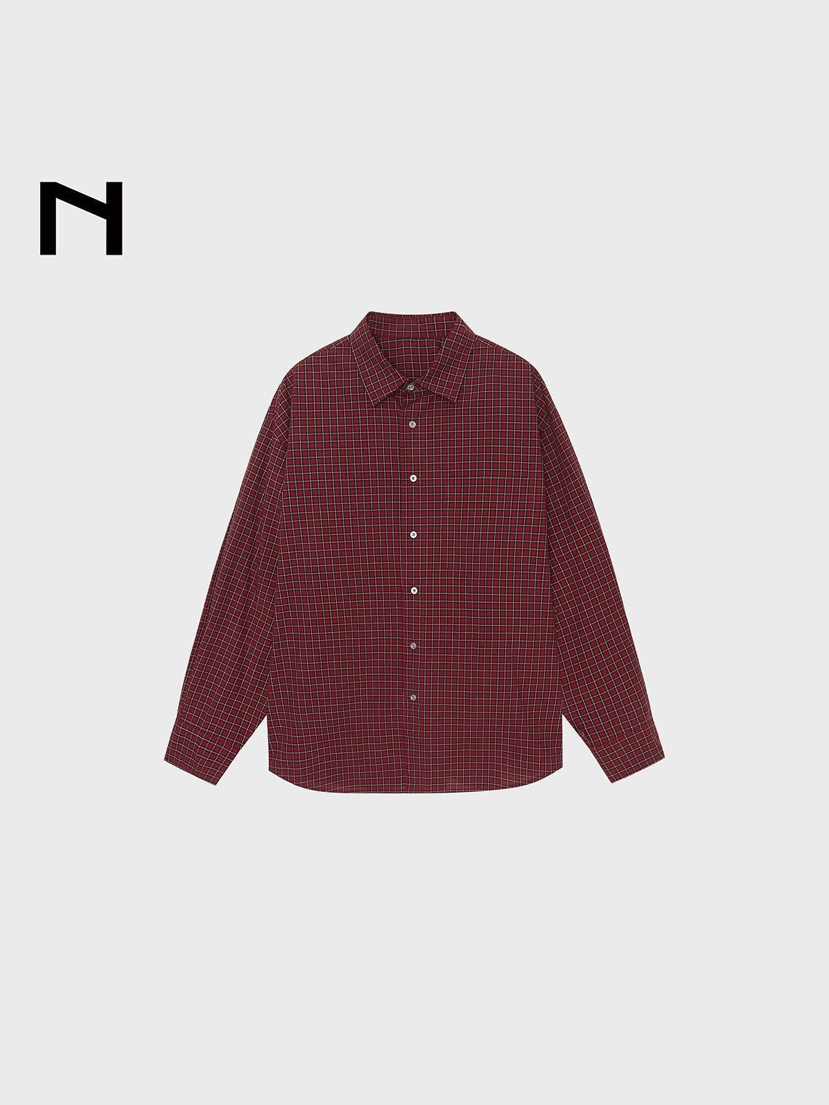NANS Menswear Oversized Cotton Plaid Shirt in Burgundy