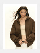 ARISEISM Oversized Cotton Blend Zip Up Hoodie in Brown - On Model
