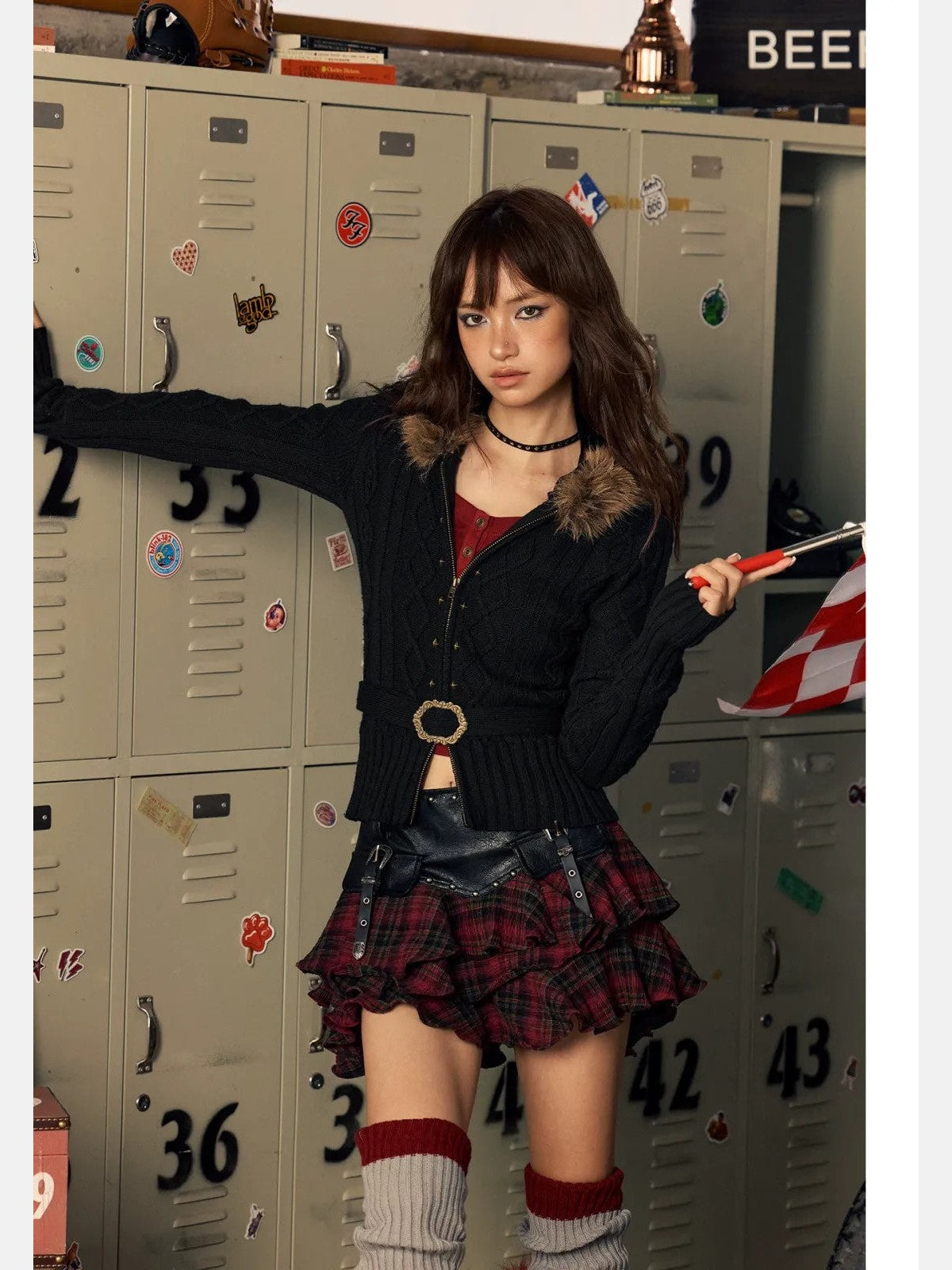 BeerBro Faux Fur Trim Wool Cardigan in Black - On Model