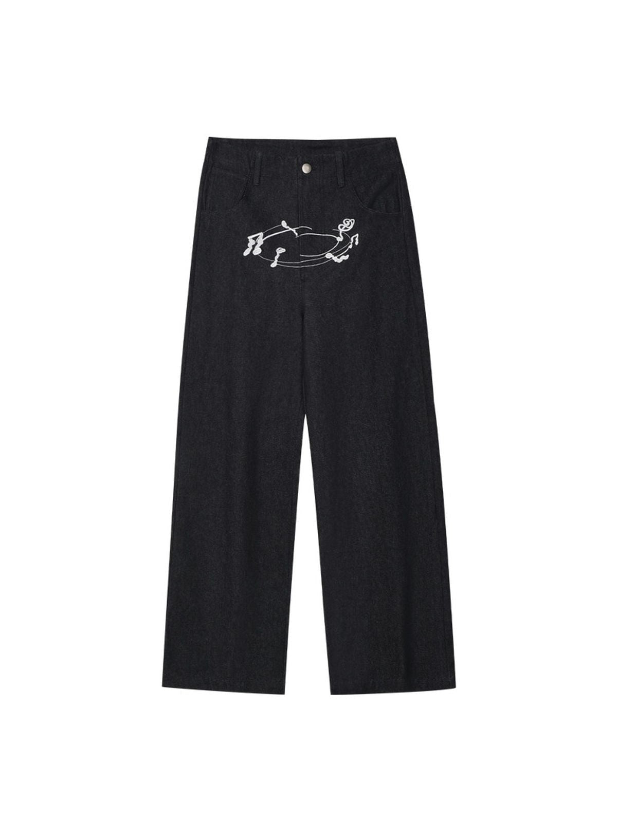 MEDM Embroidered Raw Denim Straight Leg Jeans in Blue