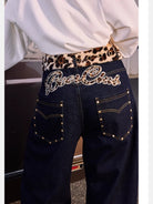 BeerBro Leopard Cuff Wide Leg Jeans in Blue - On Model