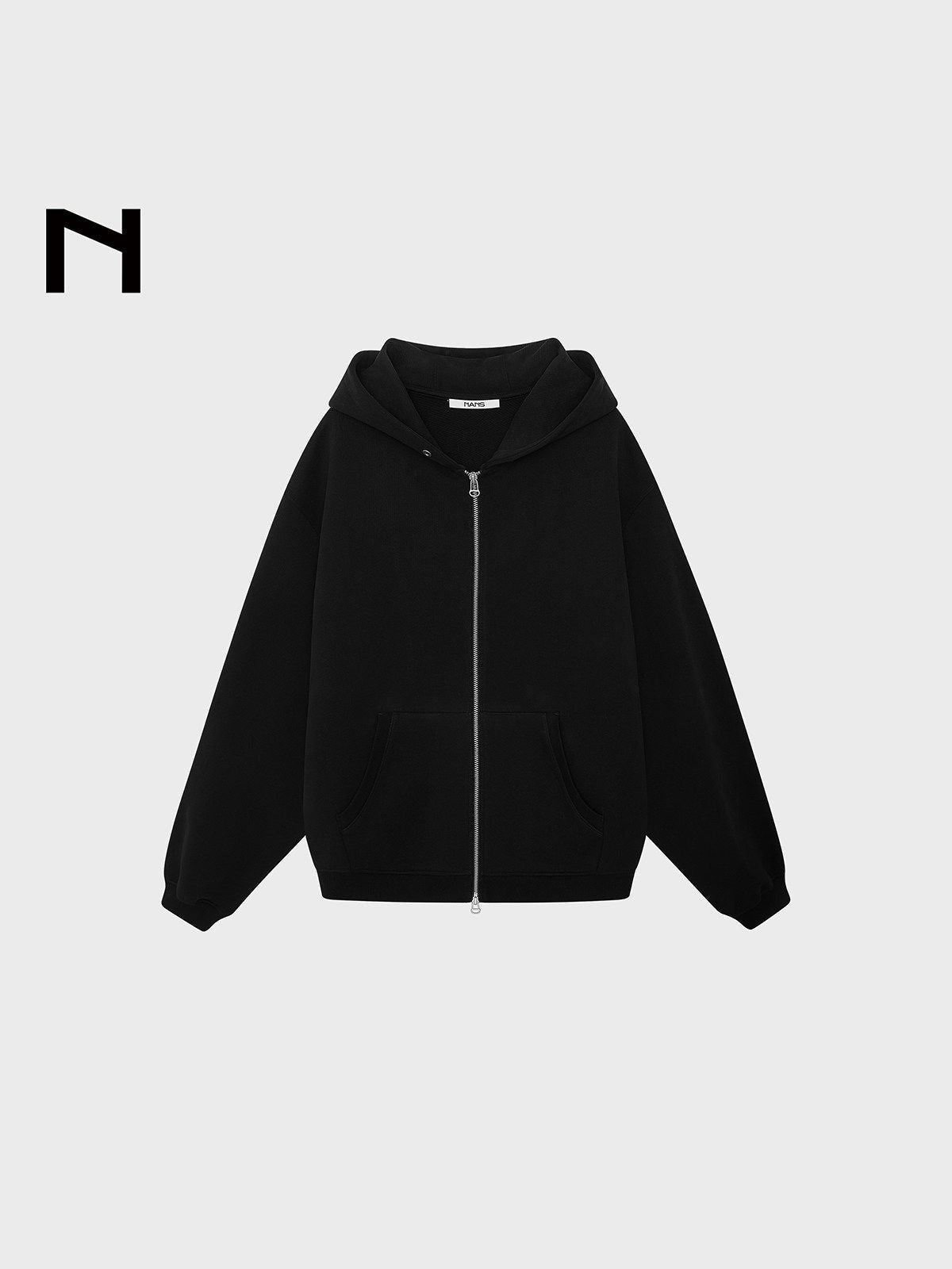 NANS 580g Heavyweight Cropped Double Zip Hoodie in Black