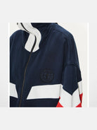 BLINDNOPLAN Color Block Ruched High Neck Sweatshirt in Blue - On Female Model