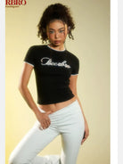 BeerBro Lace Trim Embroidered Modal Baby Tee in Black - On Model