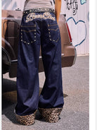 BeerBro Leopard Cuff Wide Leg Jeans in Blue - On Model
