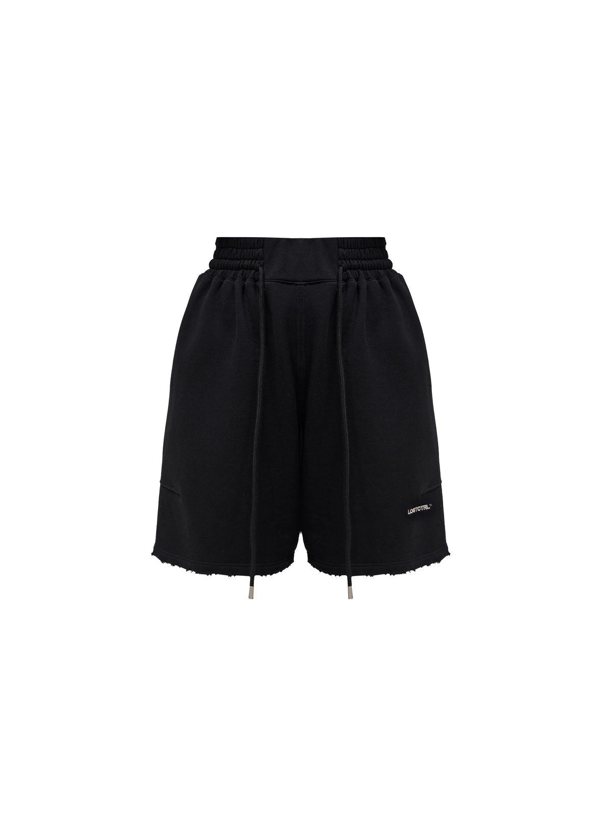 LOSTCTRL Raw Edge Embroidered Cotton Shorts in Black