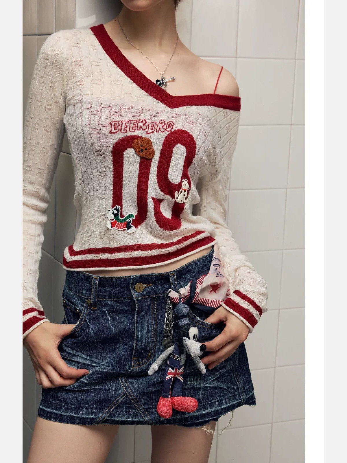 BeerBro Puppy Patch Sheer Knit V Neck in White - On Model