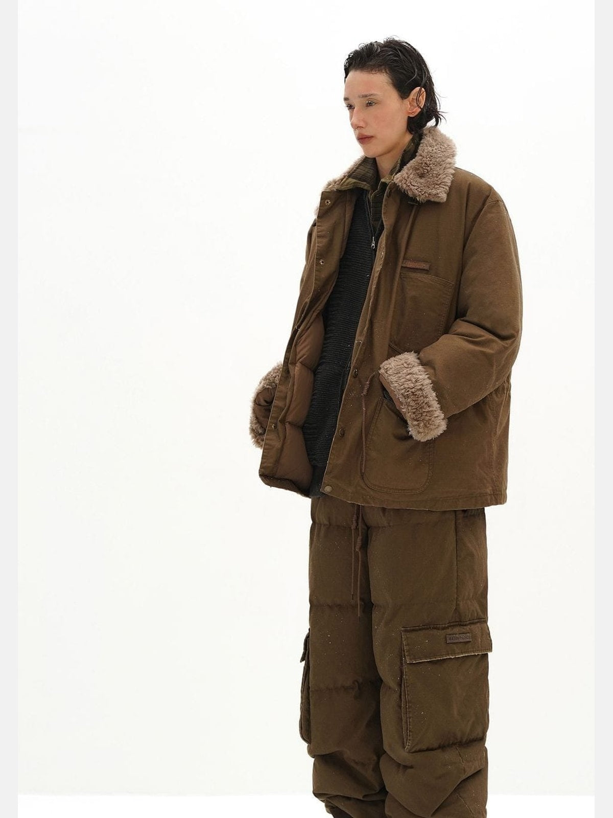 MasonPrince Sherpa Collar Down Puffer in Green - On Model