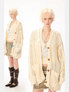 BeerBro Wool Pointelle Knit Cardigan in White - On Model