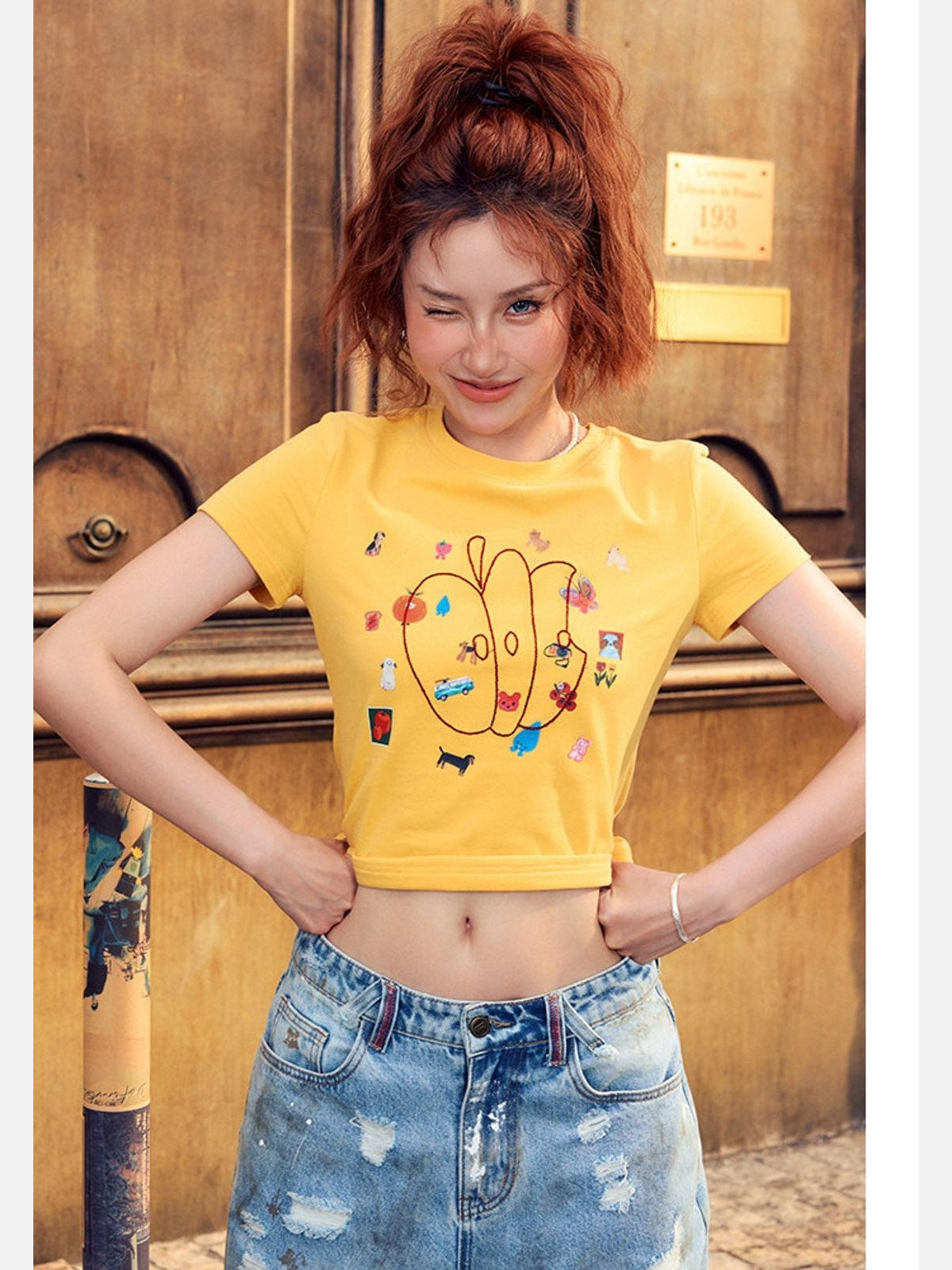 BeerBro Embroidered Apple Crop Tee in Yellow - On Model