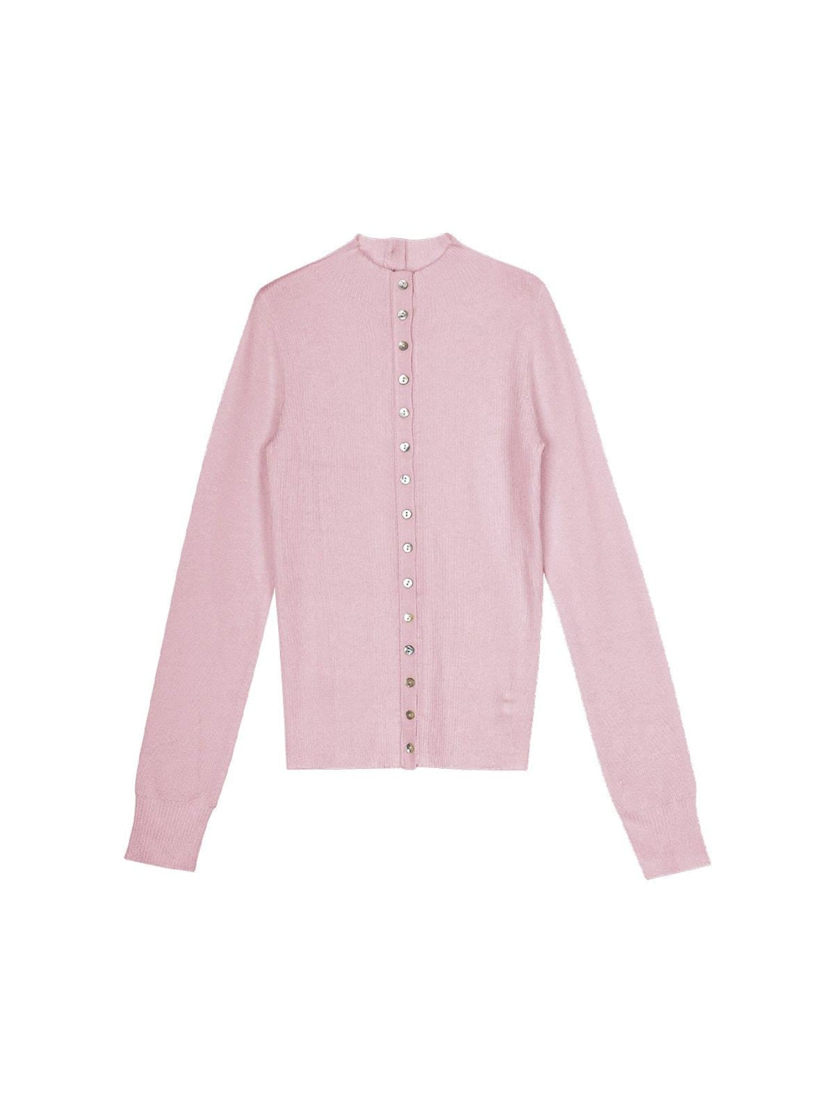 Simple Project High Neck Ribbed Wool Cardigan in Pink