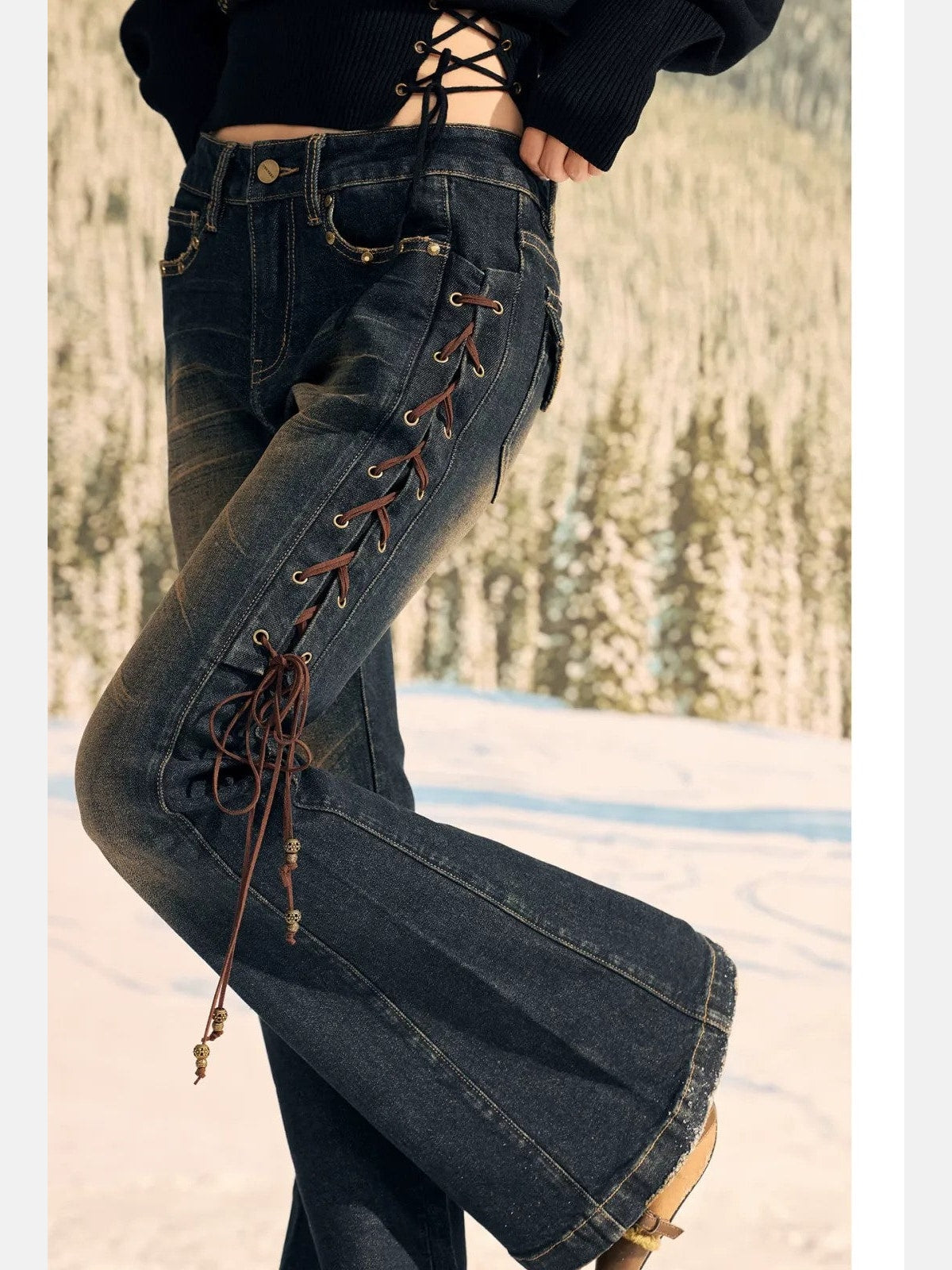 BeerBro Side Lace Up Low Rise Flare Jeans in Blue - On Model