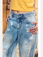 BeerBro Distressed Dirty Wash Relaxed Jeans in Blue - On Model