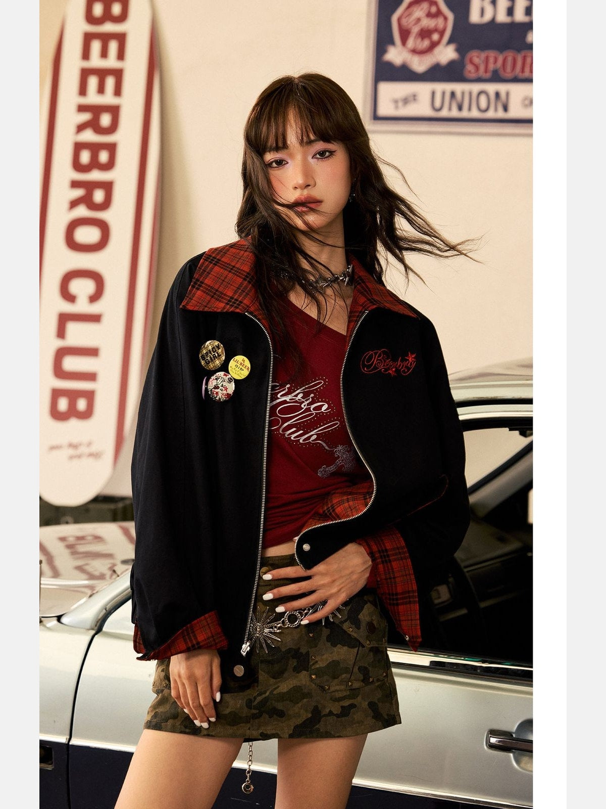 BeerBro Reversible Plaid Twill Jacket in Black - On Model