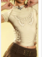 BeerBro Airbrush Butterfly Cutout Tee in Cream - On Model