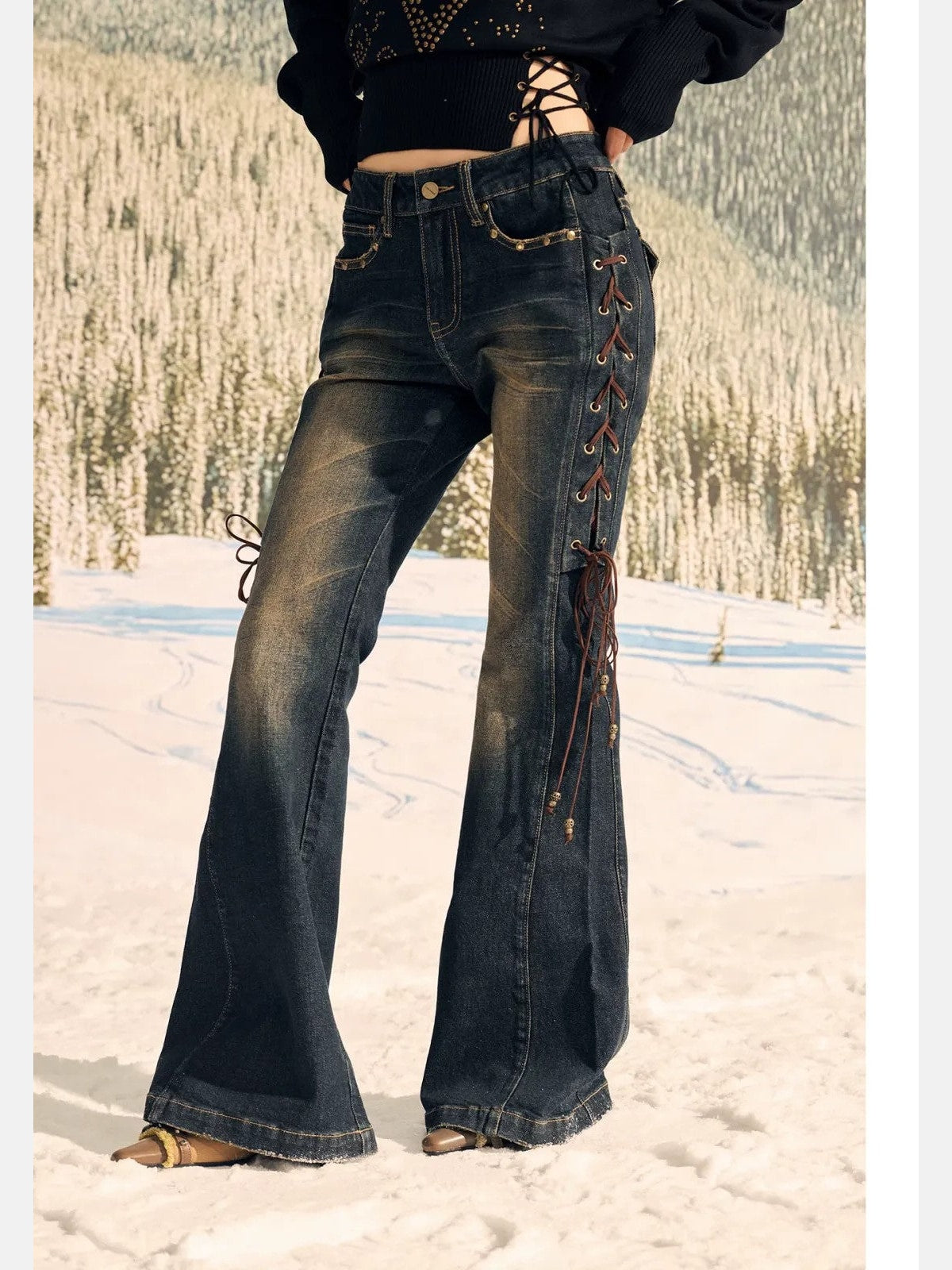 BeerBro Side Lace Up Low Rise Flare Jeans in Blue - On Model