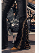 BeerBro Leopard Panel Lace Up Flare Jeans in Denim - On Model