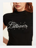 BeerBro Pearl Rhinestone Graphic Baby Tee in Black - On Model