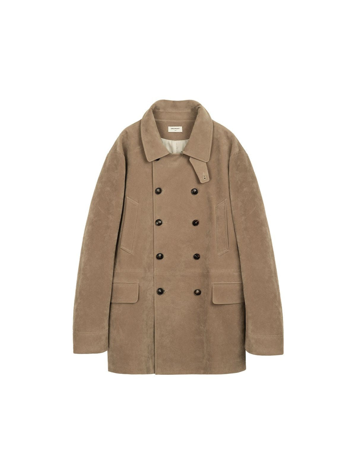 Simple Project Suede Texture Double Breasted Peacoat in Beige