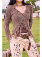 BeerBro Western Fringe Wool Cardigan in Brown