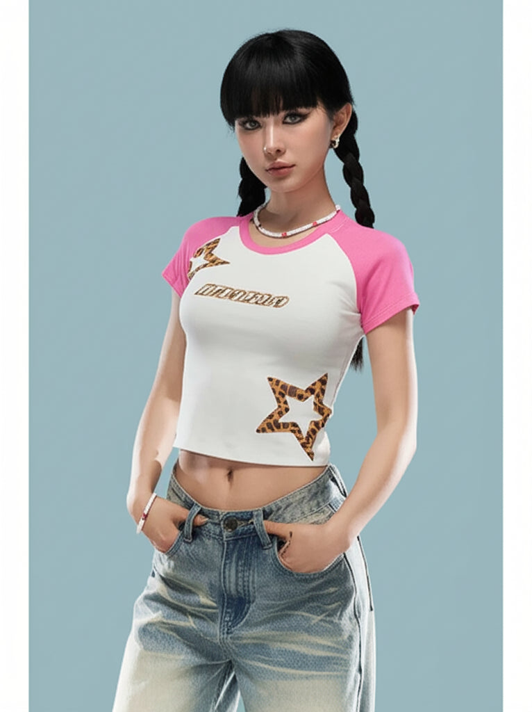 BeerBro Leopard Star Raglan Crop Top in White