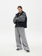 Deconstructed Distressed Denim Blazer in Gray - Male Model #color_gray