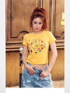 BeerBro Embroidered Apple Crop Tee in Yellow - On Model